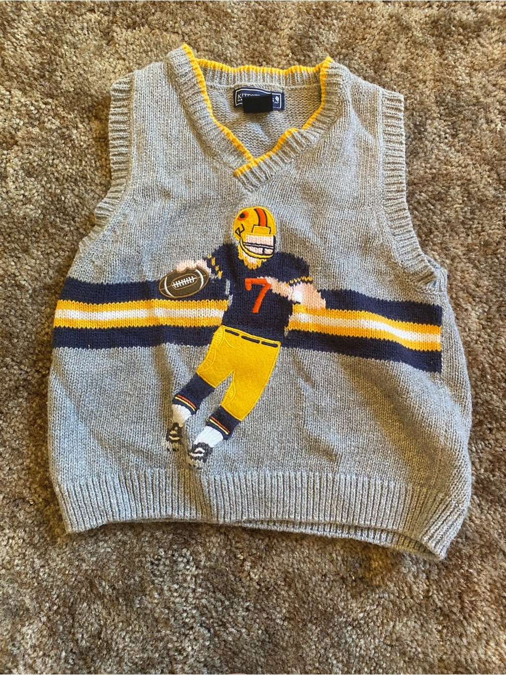 Kitestrings Vintage Children's Grey Football Knit Vest with Yellow Accents